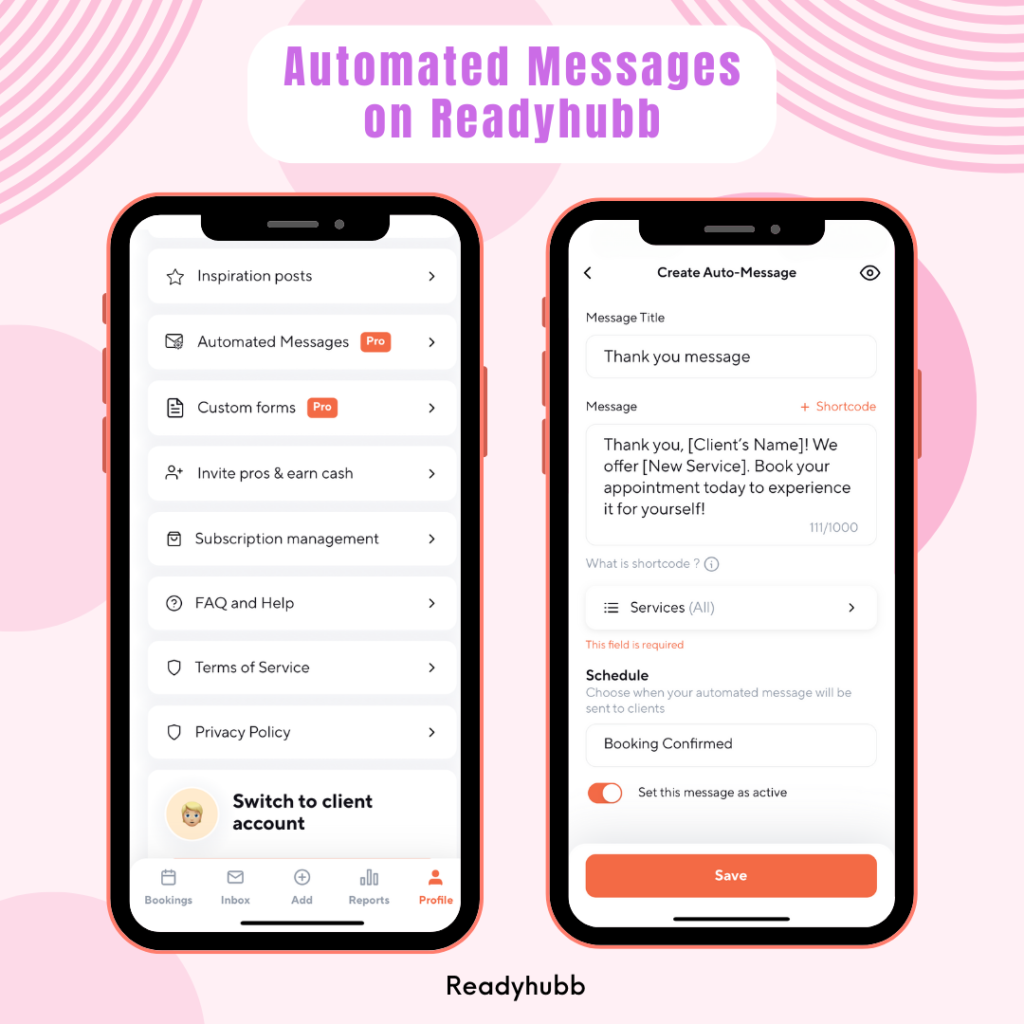 Automated messages on readyhubb